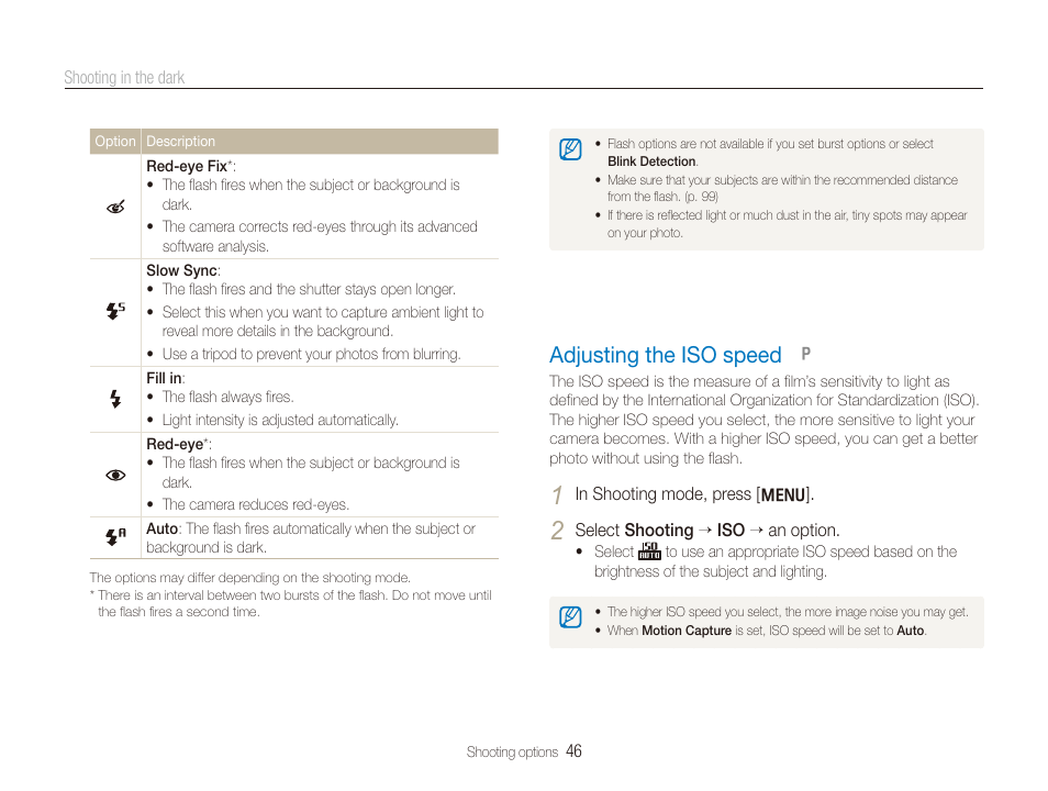 Adjusting the iso speed, Adjusting the iso speed …………………… 46 | Samsung DualView TL210 User Manual | Page 47 / 108