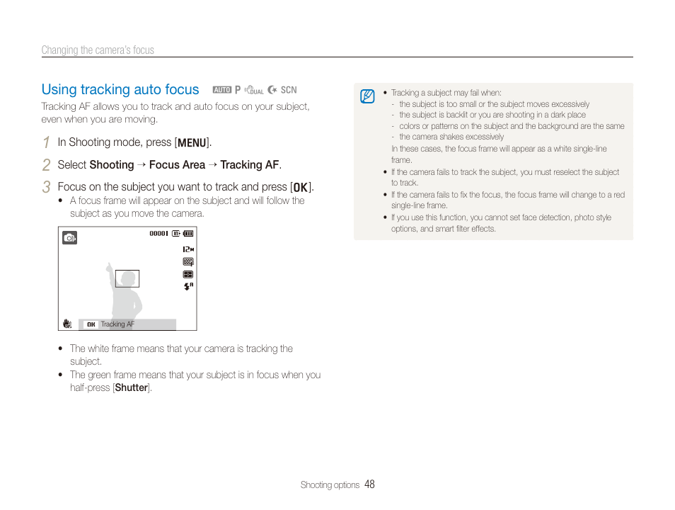 Using tracking auto focus, Using tracking auto focus …………………… 48 | Samsung DualView TL210 User Manual | Page 49 / 108