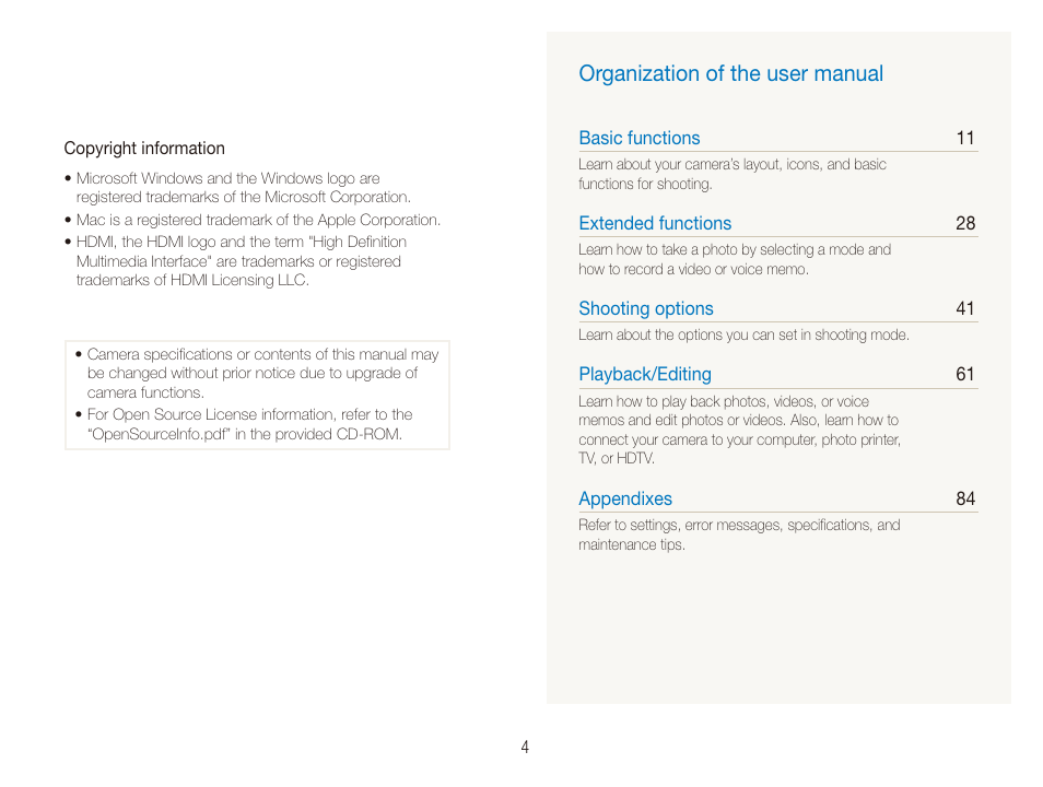 Organization of the user manual | Samsung DualView TL210 User Manual | Page 5 / 108