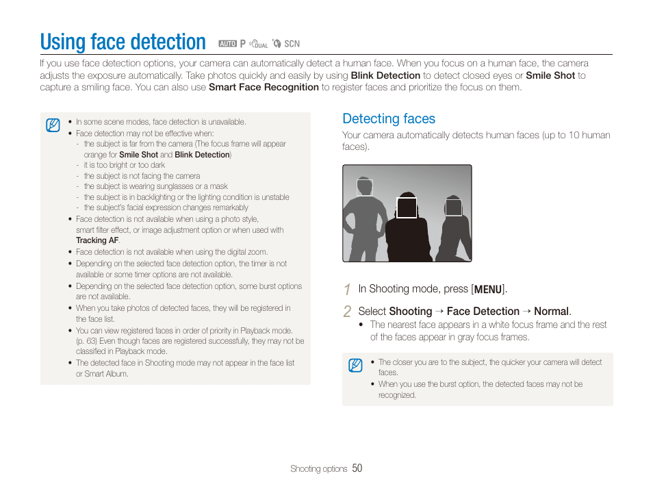 Using face detection, Detecting faces, Detecting faces ……………………………… 50 | Samsung DualView TL210 User Manual | Page 51 / 108