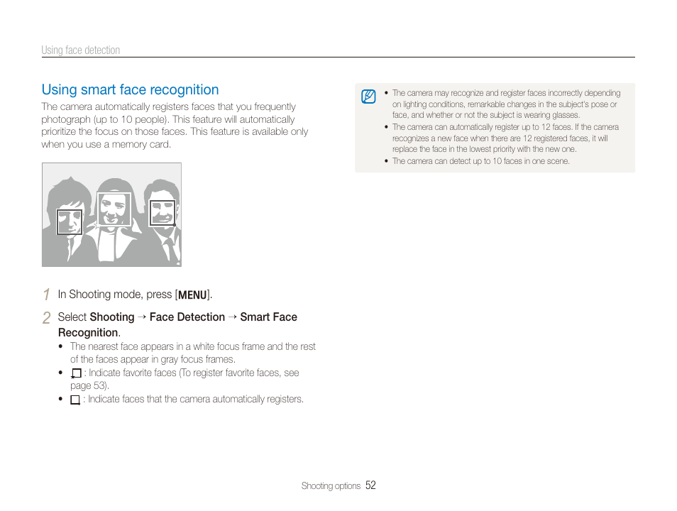 Using smart face recognition, Using smart face recognition ……………… 52 | Samsung DualView TL210 User Manual | Page 53 / 108