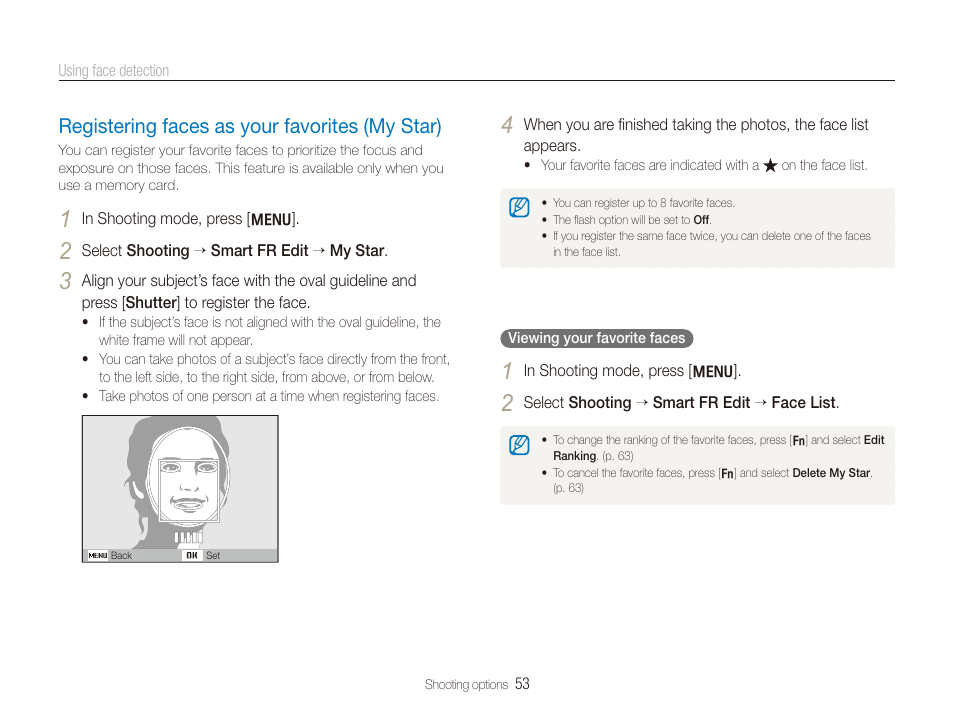 Registering faces as your favorites (my star), Registering faces as your favorites (my star) … 53 | Samsung DualView TL210 User Manual | Page 54 / 108