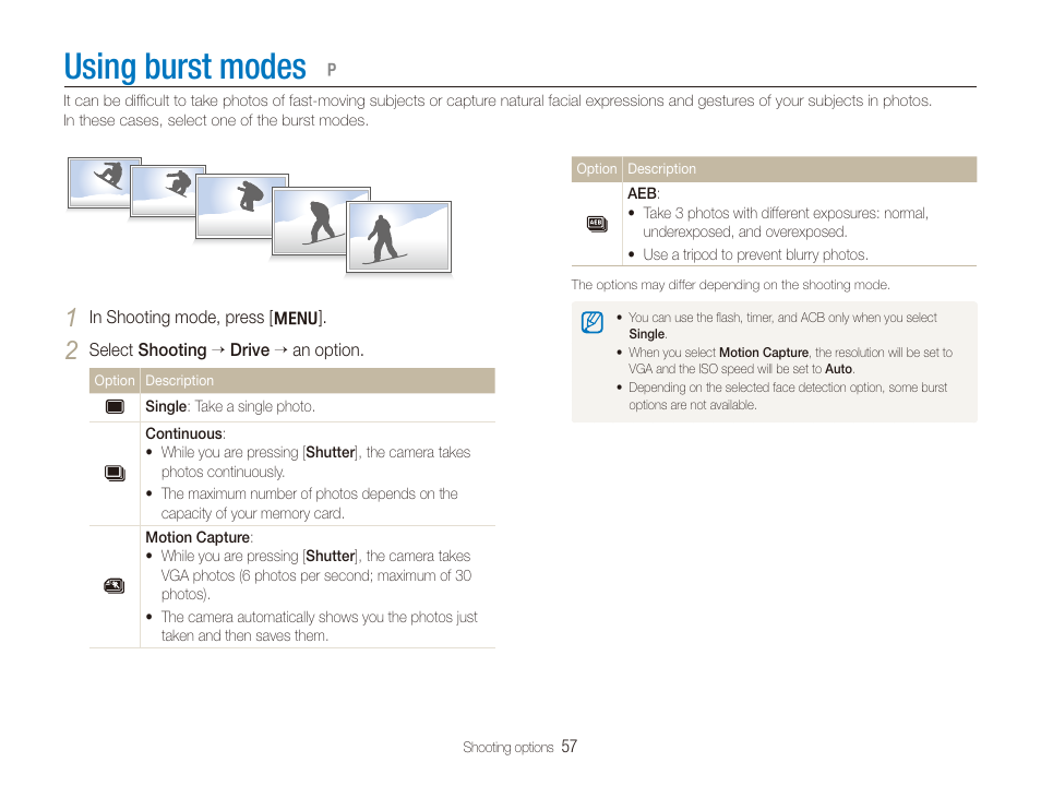 Using burst modes | Samsung DualView TL210 User Manual | Page 58 / 108