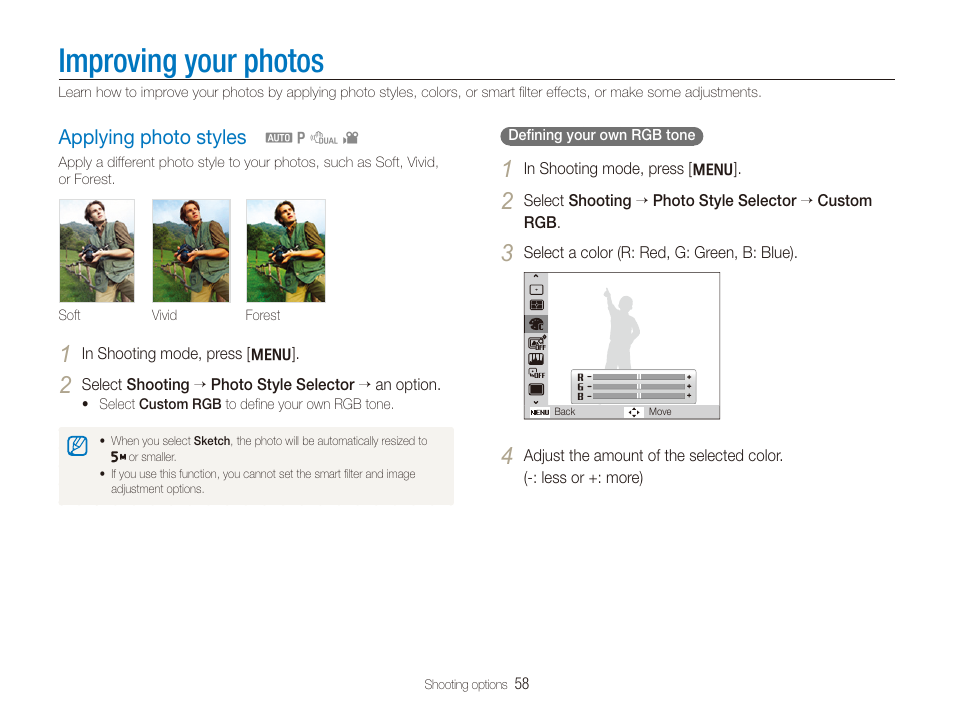 Improving your photos, Applying photo styles, Applying photo styles ………………………… 58 | Samsung DualView TL210 User Manual | Page 59 / 108