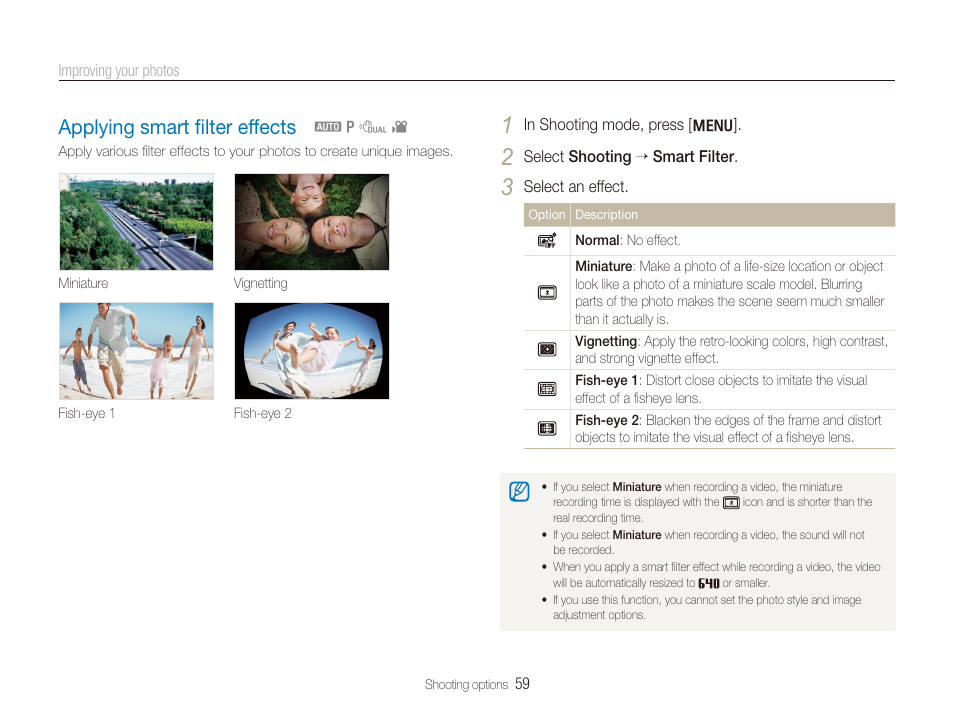 Applying smart filter effects, Applying smart ﬁlter effects, Applying smart ﬁlter effects ………………… 59 | Samsung DualView TL210 User Manual | Page 60 / 108