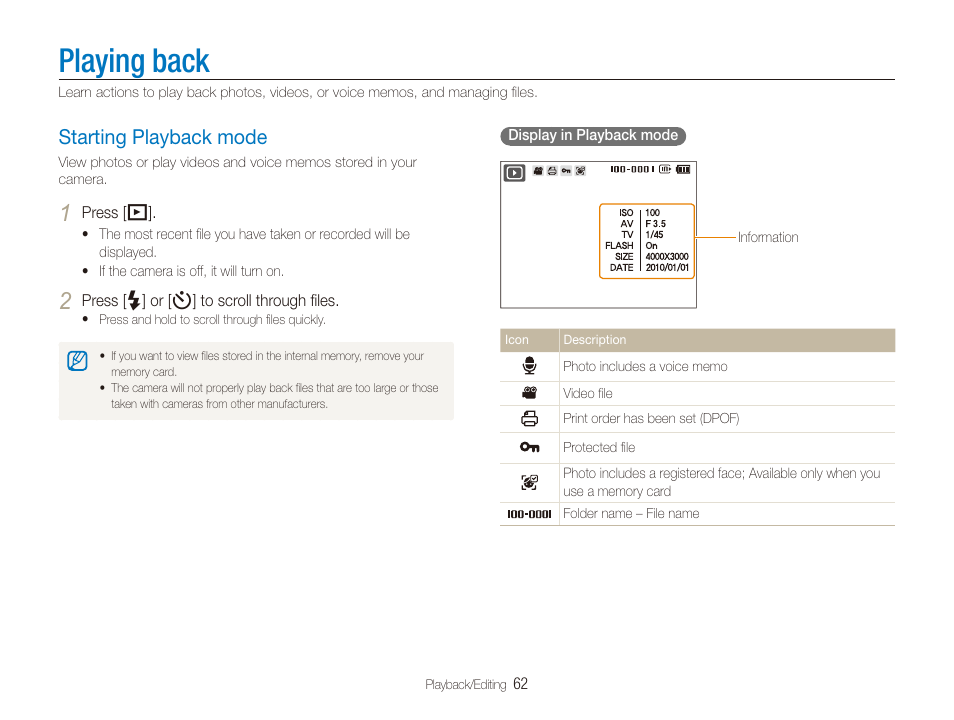 Playing back, Starting playback mode, Starting playback mode ……………………… 62 | Samsung DualView TL210 User Manual | Page 63 / 108