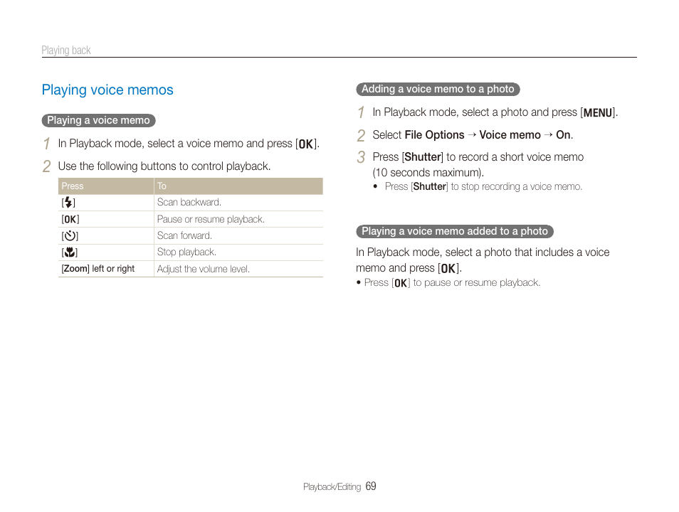 Playing voice memos, Playing voice memos ………………………… 69 | Samsung DualView TL210 User Manual | Page 70 / 108