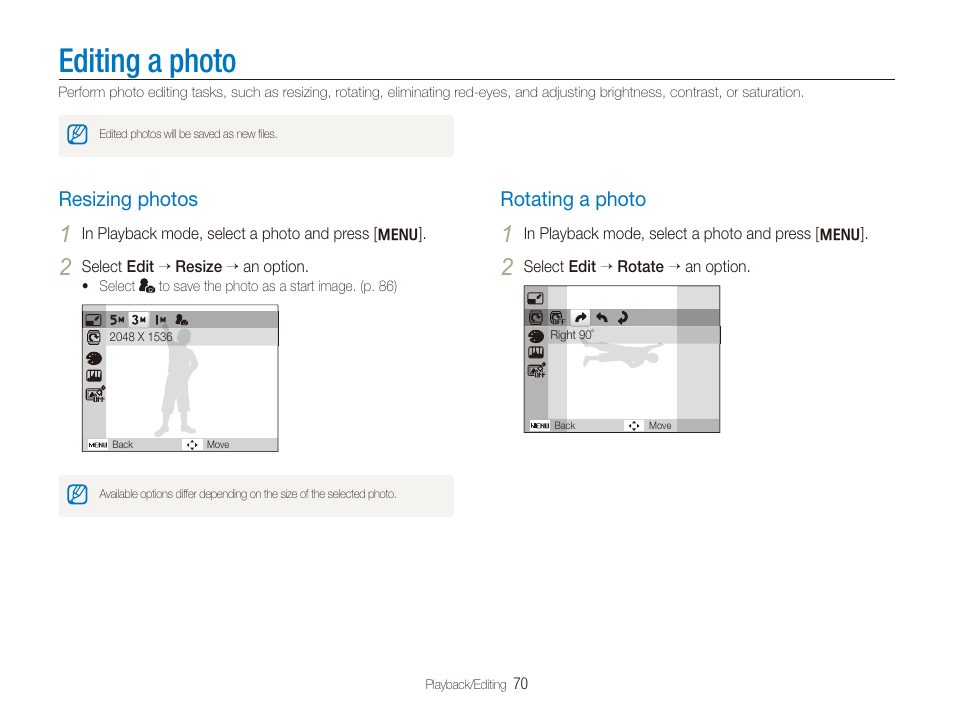 Editing a photo, Resizing photos, Rotating a photo | Resizing photos ……………………………… 70, Rotating a photo …………………………… 70 | Samsung DualView TL210 User Manual | Page 71 / 108