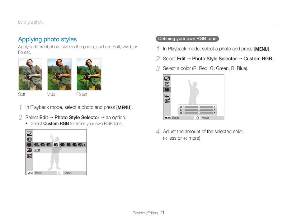 Applying photo styles, Applying photo styles ………………………… 71 | Samsung DualView TL210 User Manual | Page 72 / 108