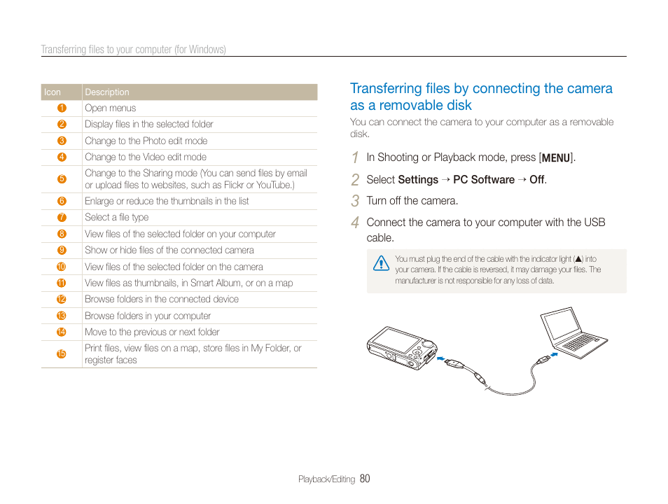 Transferring ﬁles by connecting the camera as a, Removable disk ……………………………… 80 | Samsung DualView TL210 User Manual | Page 81 / 108