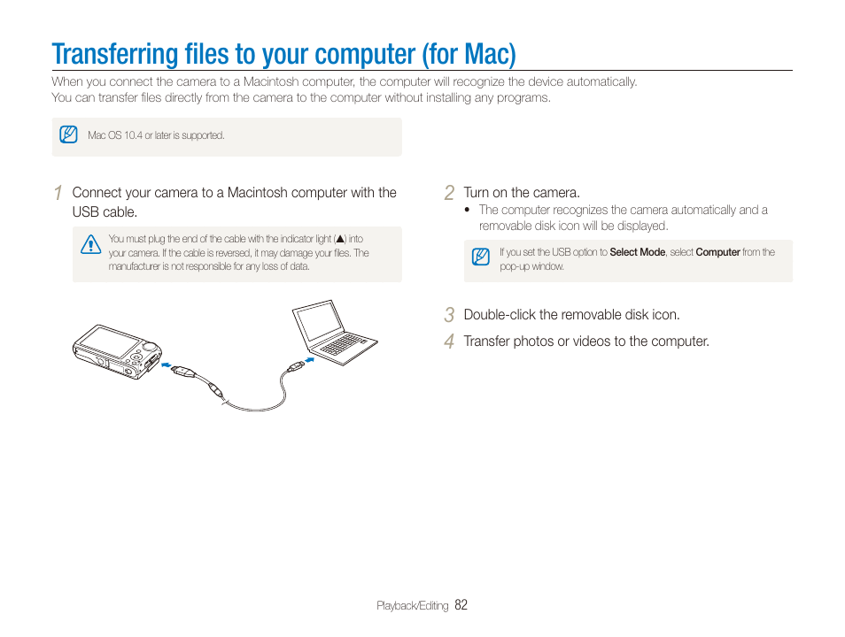 Transferring files to your computer (for mac), Transferring ﬁles to your computer (for mac), Transferring ﬁles to your computer | For mac) | Samsung DualView TL210 User Manual | Page 83 / 108