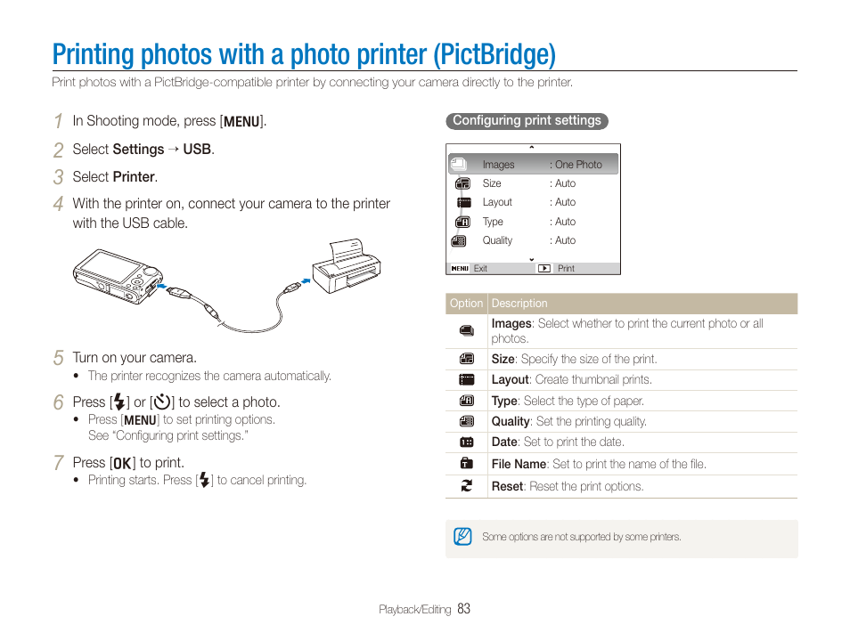 Printing photos with a photo printer (pictbridge), Printing photos with a photo printer, Pictbridge) | Samsung DualView TL210 User Manual | Page 84 / 108