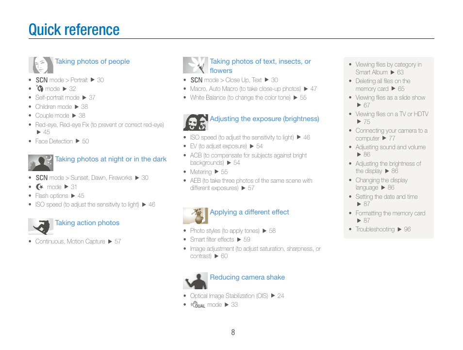 Quick reference | Samsung DualView TL210 User Manual | Page 9 / 108