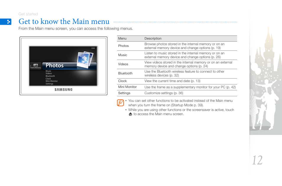Get to know the main menu, Photos | Samsung THE COMPLETE NETWORK SOLUTION EMM-E6 User Manual | Page 12 / 52
