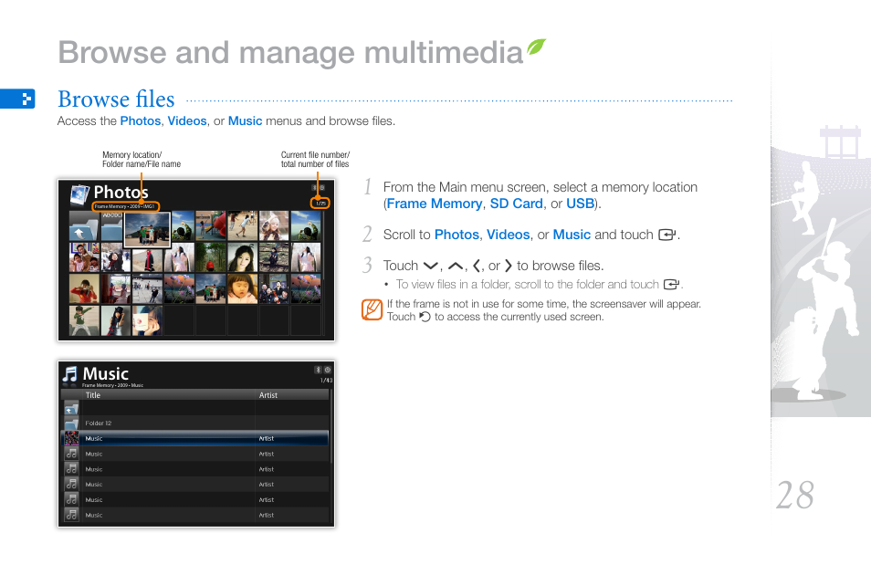 Browse and manage multimedia, Browse files, Photos | Music | Samsung THE COMPLETE NETWORK SOLUTION EMM-E6 User Manual | Page 28 / 52