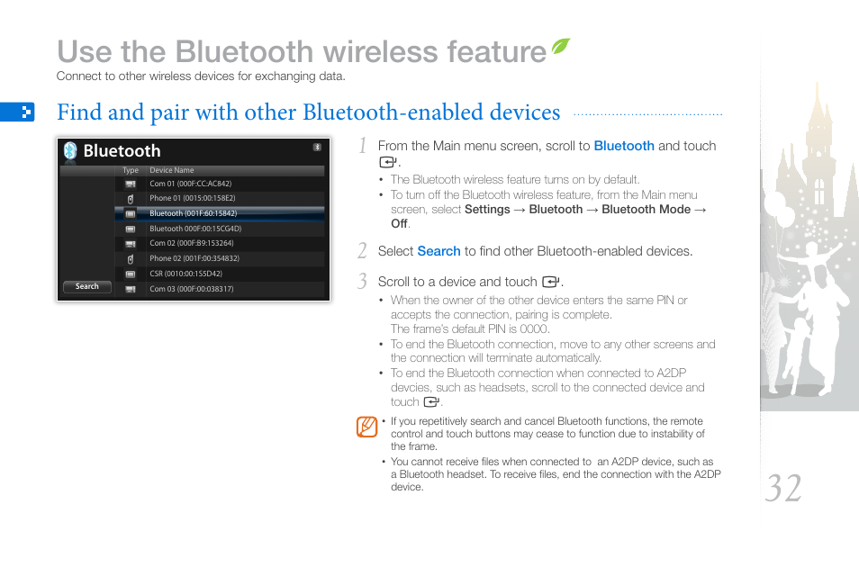 Use the bluetooth wireless feature, Find and pair with other bluetooth-enabled devices, Find and pair with other | Bluetooth-enabled devices, Bluetooth | Samsung THE COMPLETE NETWORK SOLUTION EMM-E6 User Manual | Page 32 / 52