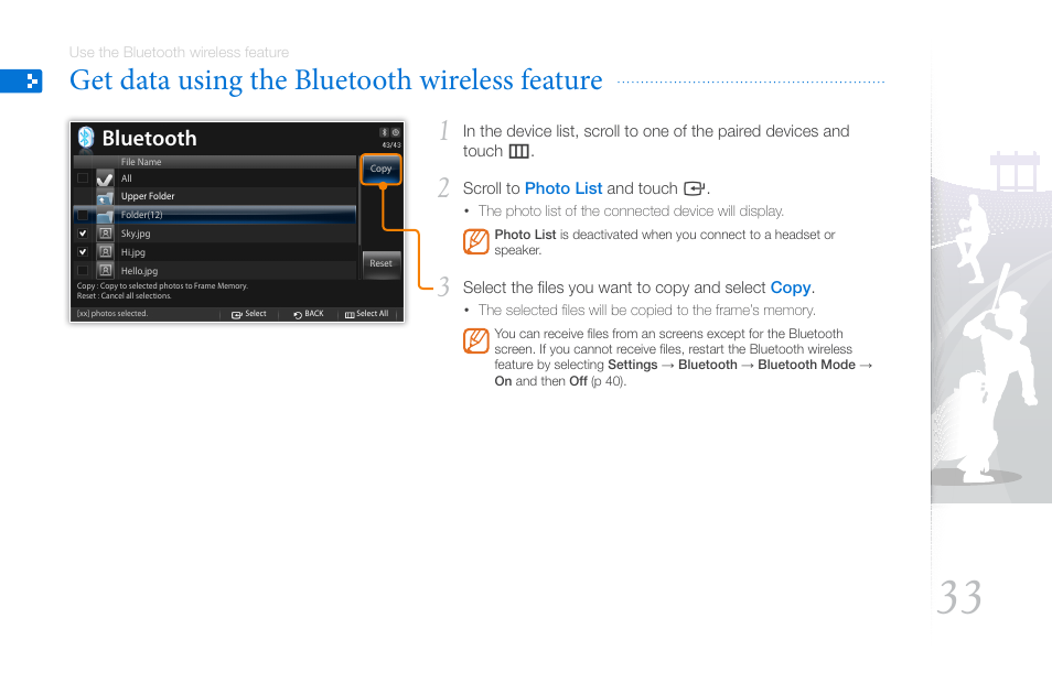 Get data using the bluetooth wireless feature, Get data using the bluetooth wireless, Feature | Bluetooth | Samsung THE COMPLETE NETWORK SOLUTION EMM-E6 User Manual | Page 33 / 52