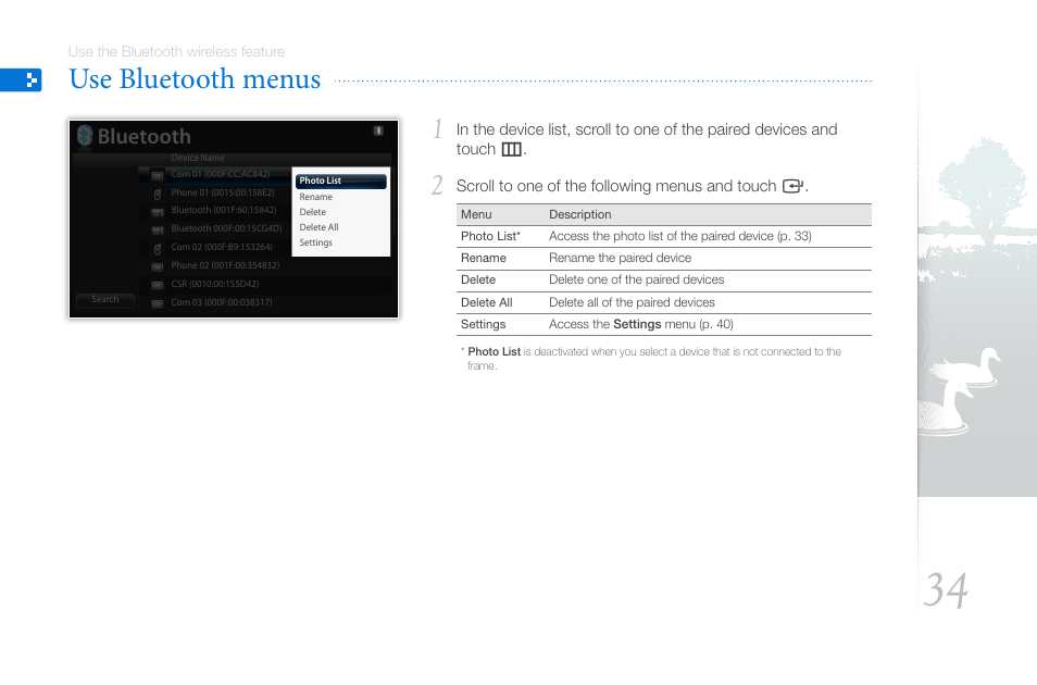 Use bluetooth menus, Bluetooth | Samsung THE COMPLETE NETWORK SOLUTION EMM-E6 User Manual | Page 34 / 52