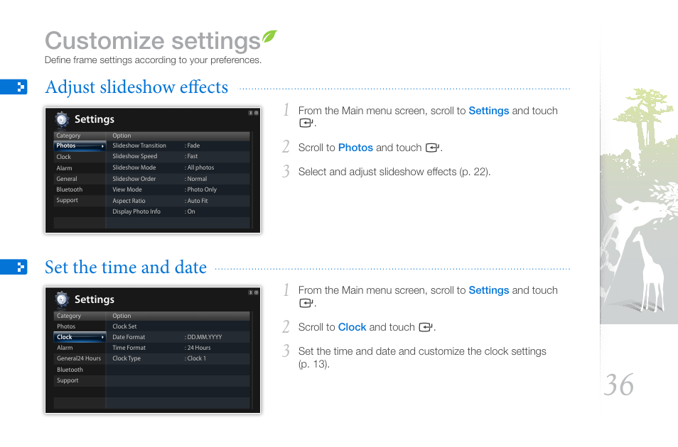 Customize settings, Adjust slideshow effects, Set the time and date | Adjust slideshow effects set the time and date | Samsung THE COMPLETE NETWORK SOLUTION EMM-E6 User Manual | Page 36 / 52
