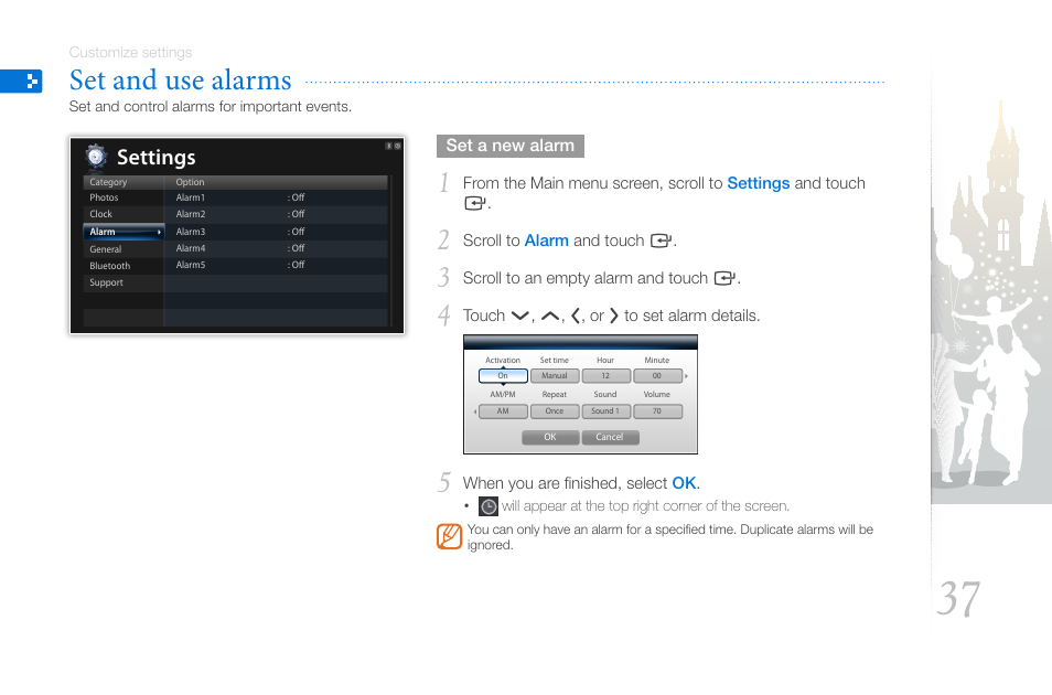 Set and use alarms, Settings | Samsung THE COMPLETE NETWORK SOLUTION EMM-E6 User Manual | Page 37 / 52