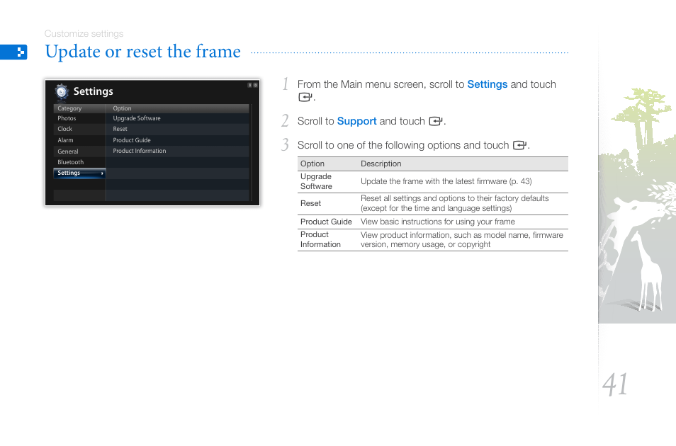 Update or reset the frame | Samsung THE COMPLETE NETWORK SOLUTION EMM-E6 User Manual | Page 41 / 52