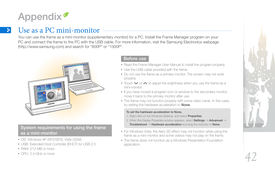Appendix, Use as a pc mini-monitor | Samsung THE COMPLETE NETWORK SOLUTION EMM-E6 User Manual | Page 42 / 52