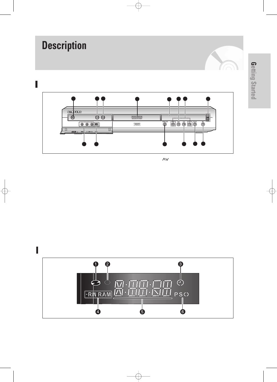 Description, Front panel, Front panel display | Getting started, English - 15 | Samsung DVD-HR725 User Manual | Page 15 / 135