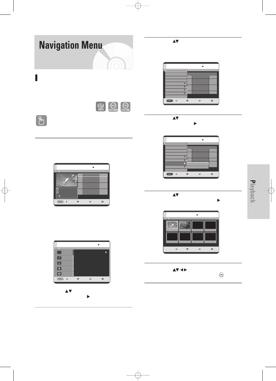 Navigation menu, Playback, English - 53 | Scene navigation, Using the title list button, Using the menu button, Press the ok or √ button twice, Vr mode), Press the, Button | Samsung DVD-HR725 User Manual | Page 53 / 135