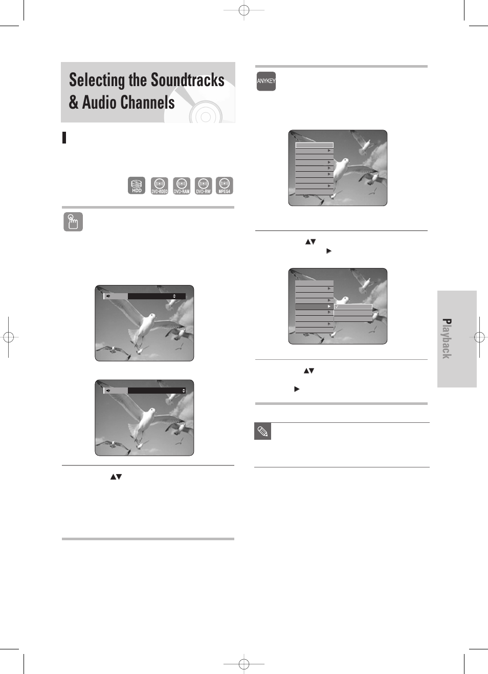 Selecting the soundtracks & audio channels, Playback, English - 61 | Selecting the audio, Using the audio button, Using the anykey button | Samsung DVD-HR725 User Manual | Page 61 / 135