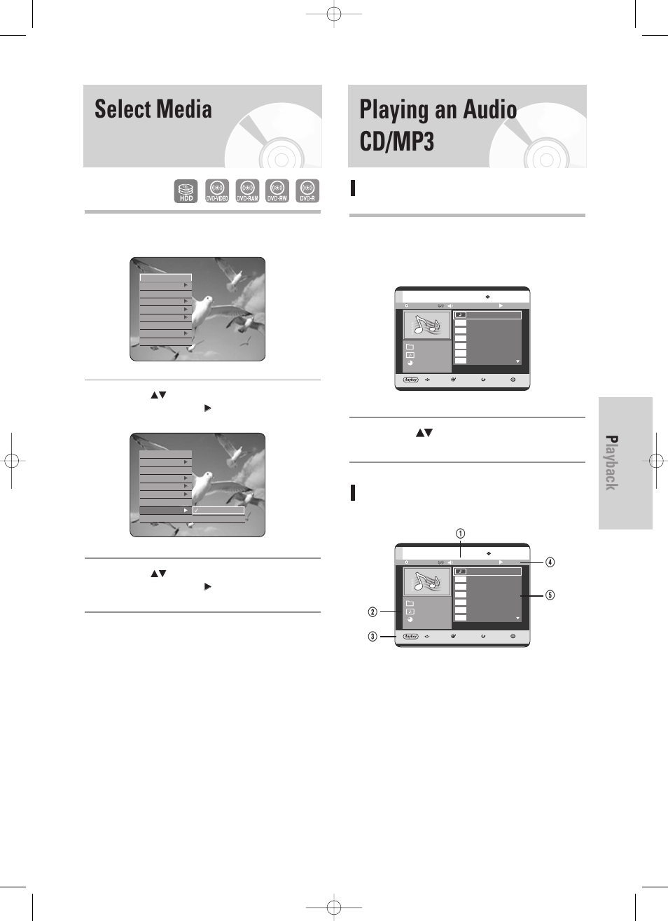 Select media, Playing an audio cd/mp3, Playback | English - 65, Playing an audio cd(cd-da), Audio cd(cd-da) screen elements | Samsung DVD-HR725 User Manual | Page 65 / 135