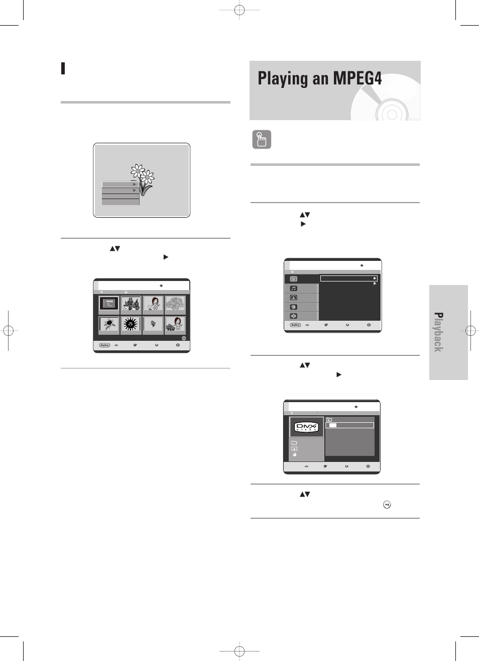 Playing an mpeg4, Playback, English - 75 | Go to photo list, Using the menu button | Samsung DVD-HR725 User Manual | Page 75 / 135