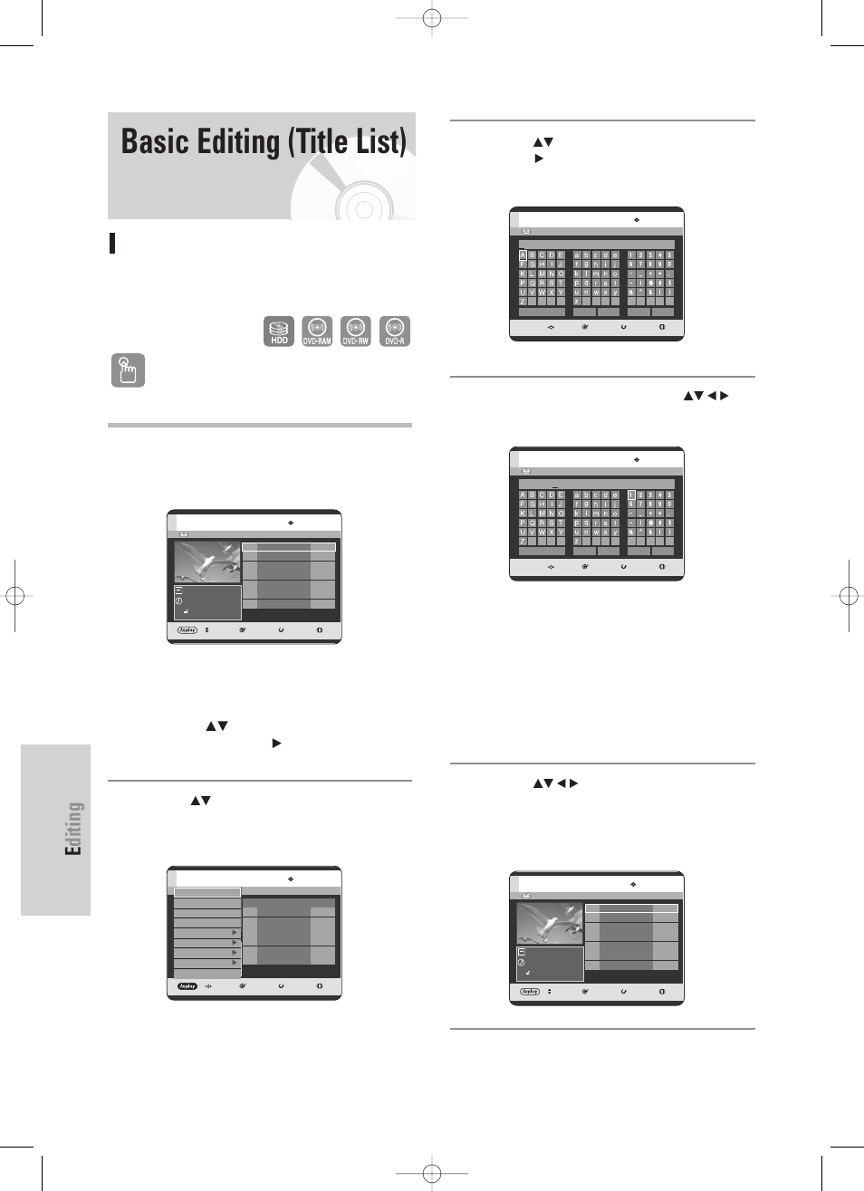 Basic editing (title list), Renaming(labeling) a title, Editing | 96 - english, Using the title list button, Using the menu button | Samsung DVD-HR725 User Manual | Page 96 / 135