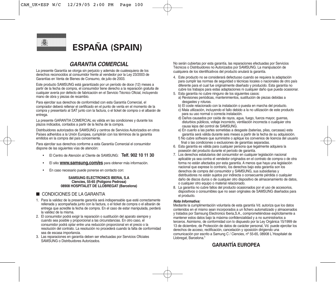 España (spain), Garantia comercial | Samsung D365W(I) User Manual | Page 105 / 107