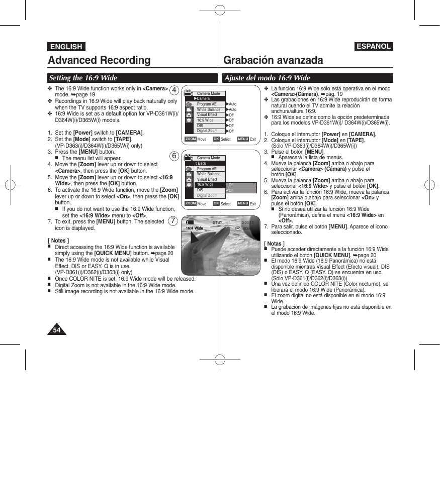 Advanced recording grabación avanzada, English español | Samsung D365W(I) User Manual | Page 54 / 107