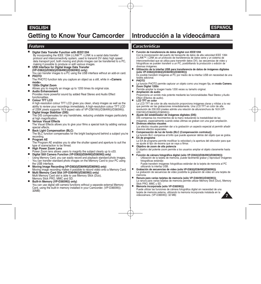 Features características, English español | Samsung D365W(I) User Manual | Page 7 / 107