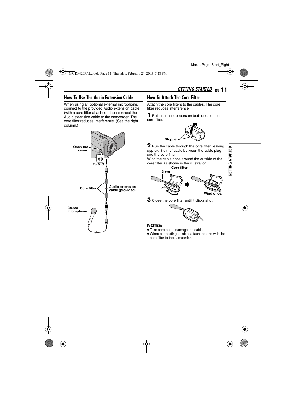How to use the audio extension cable, How to attach the core filter, Pg. 11 f | Samsung GR-DF420 User Manual | Page 11 / 52