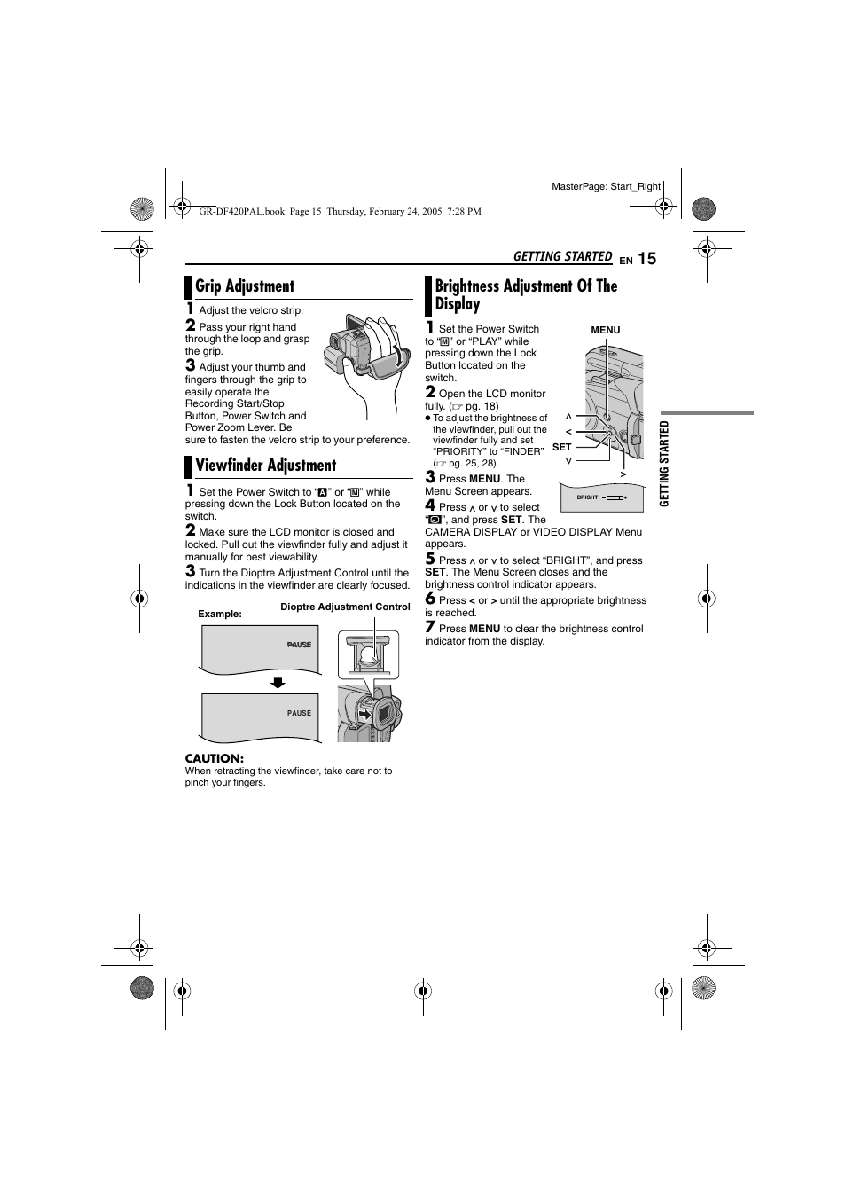 Grip adjustment, Viewfinder adjustment, Brightness adjustment of the display | 15 viewfinder adjustment, 15 brightness adjustment of the display, Pg. 15), Grip adjustment viewfinder adjustment | Samsung GR-DF420 User Manual | Page 15 / 52
