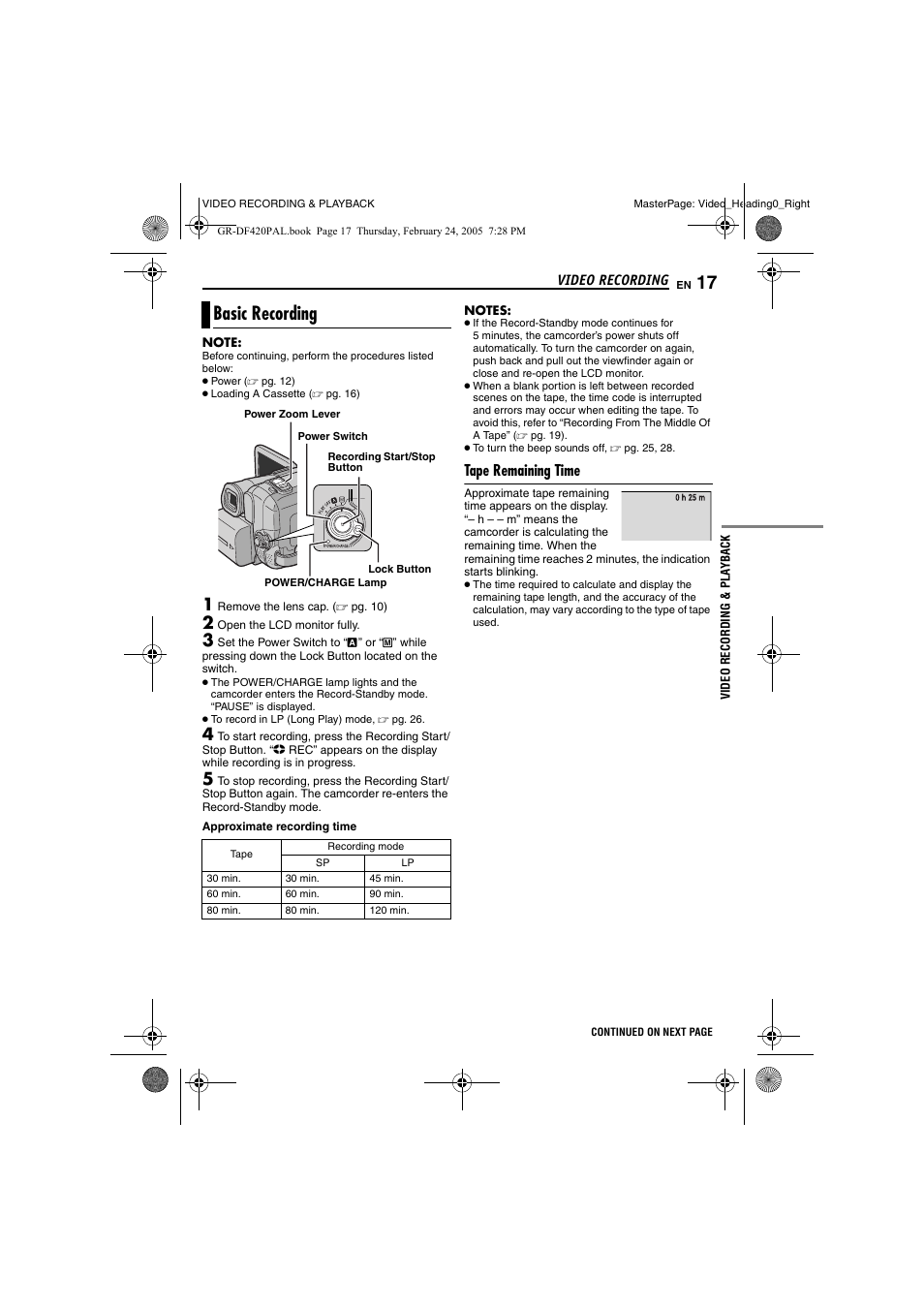 Video recording, Basic recording, Tape remaining time | Video recording & playback, Pg. 17) | Samsung GR-DF420 User Manual | Page 17 / 52