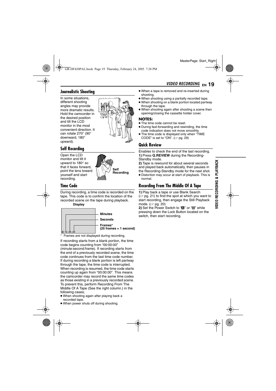 Journalistic shooting, Self recording, Time code | Quick review, Recording from the middle of a tape, 19 self recording, 19 time code, 19 quick review, 19 recording from the middle of a tape, Pg. 19) | Samsung GR-DF420 User Manual | Page 19 / 52