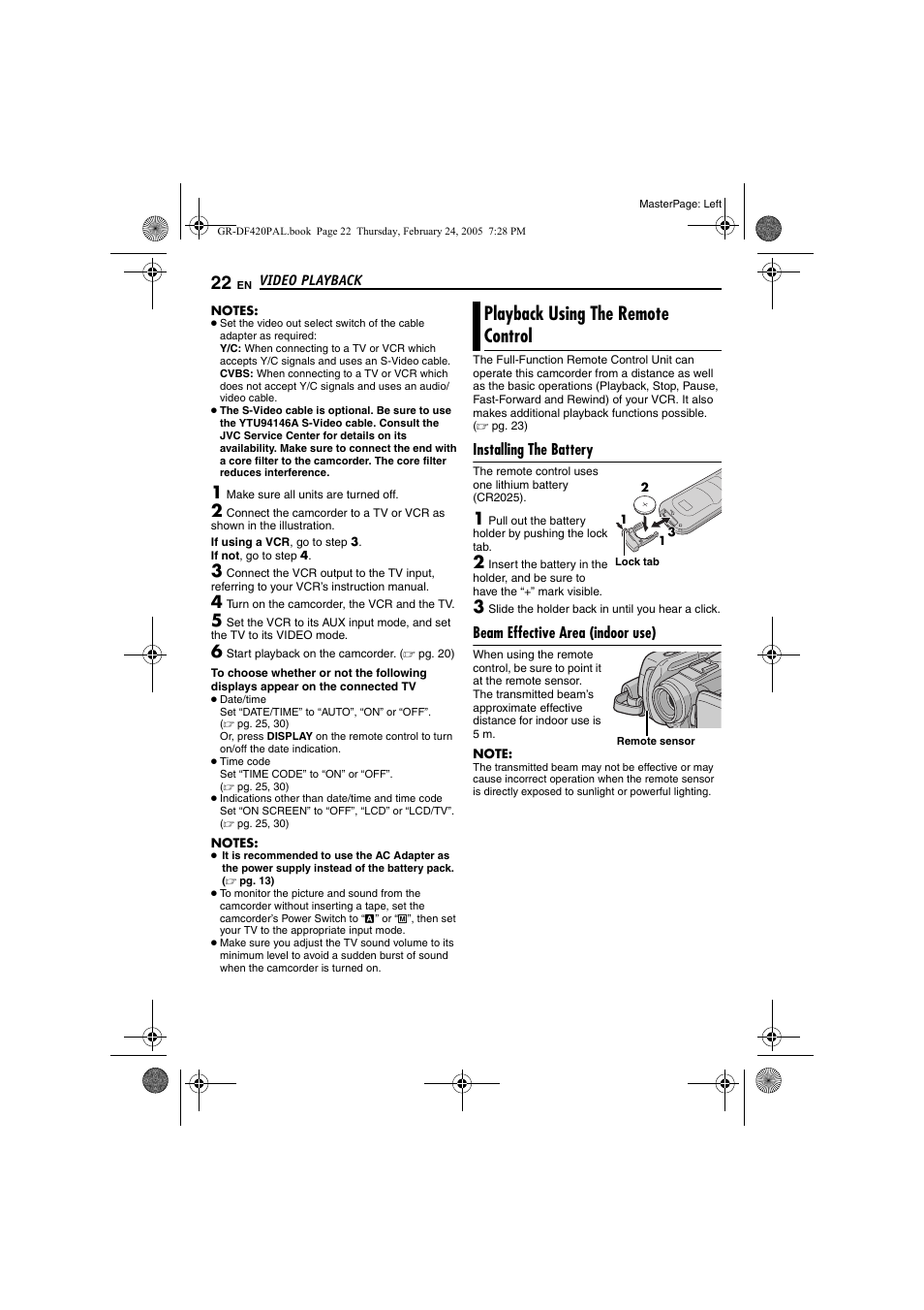 Playback using the remote control, Installing the battery, Beam effective area (indoor use) | Samsung GR-DF420 User Manual | Page 22 / 52