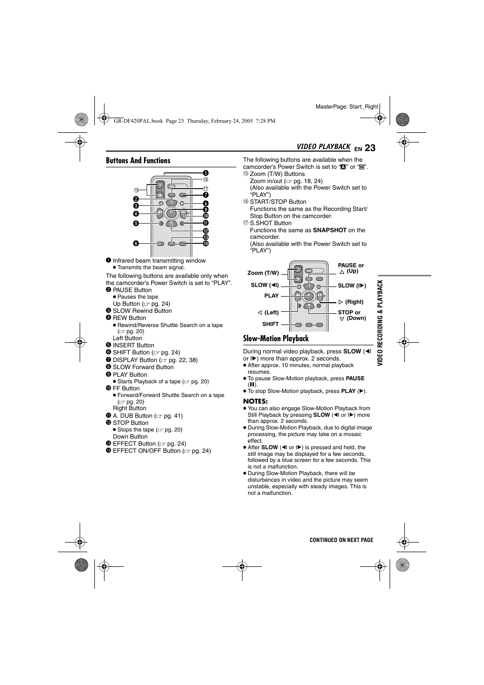 Buttons and functions, Slow-motion playback, Pg. 23) | Samsung GR-DF420 User Manual | Page 23 / 52