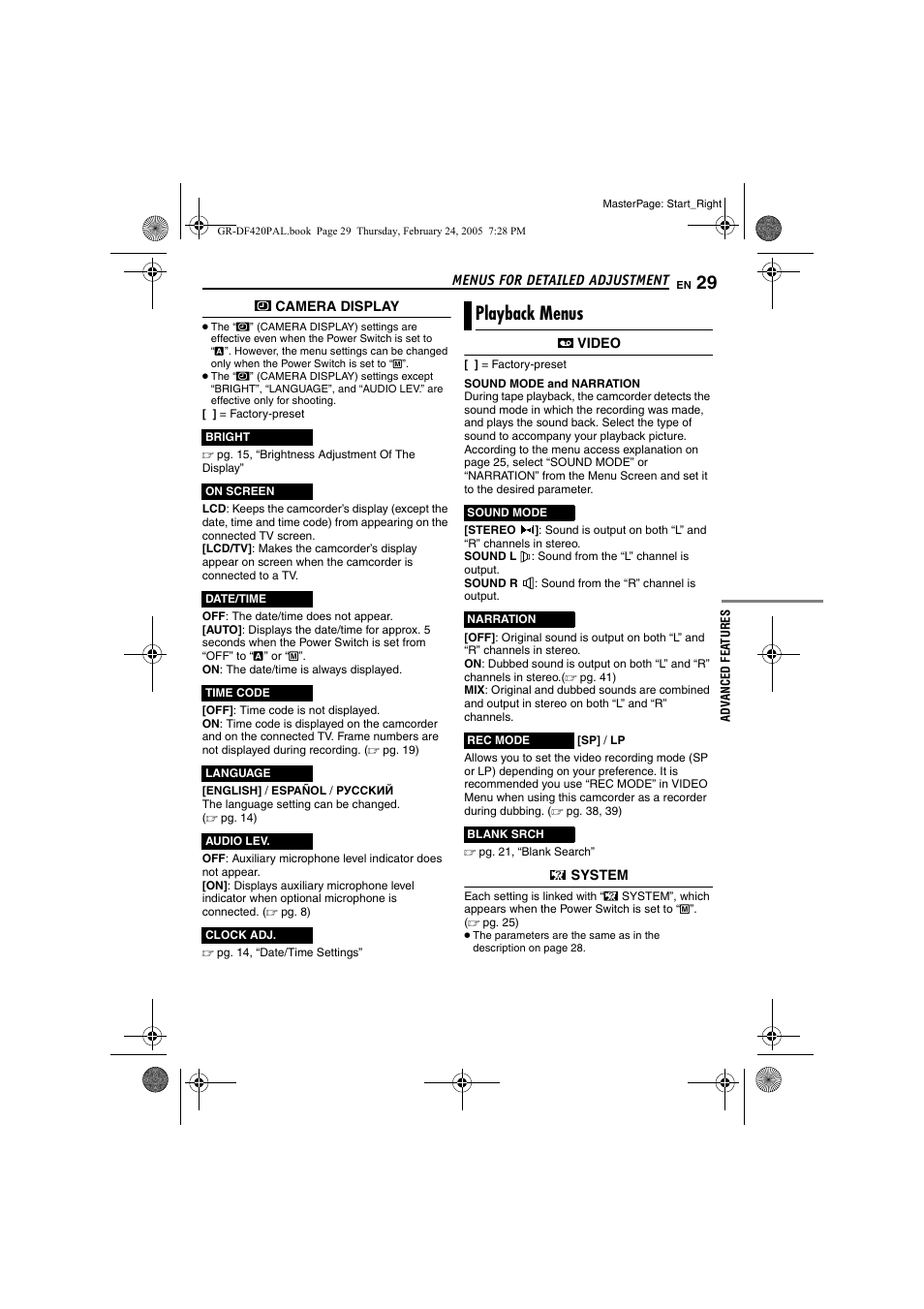 Playback menus, Pg. 29), Pg. 29, “audio lev.”) | Pg. 29, 3, Time, Pg. 29, Pg. 29, 30 | Samsung GR-DF420 User Manual | Page 29 / 52