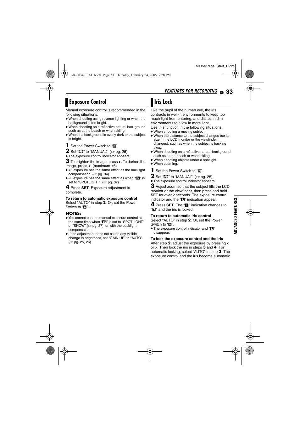 Exposure control, Iris lock, 33 iris lock | Pg. 33), Exposure control iris lock | Samsung GR-DF420 User Manual | Page 33 / 52