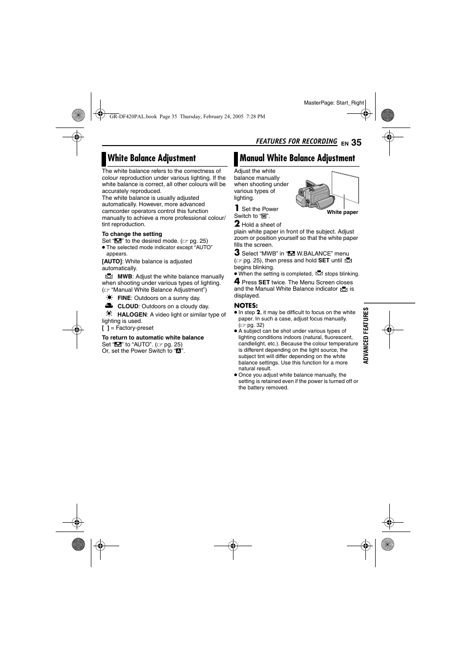 White balance adjustment, Manual white balance adjustment, 35 manual white balance adjustment | Pg. 35) | Samsung GR-DF420 User Manual | Page 35 / 52