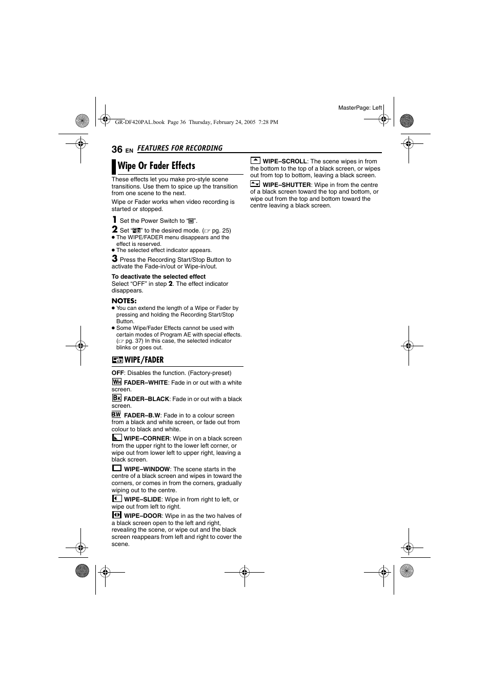 Wipe or fader effects, Wipe/fader, Pg. 36) | Samsung GR-DF420 User Manual | Page 36 / 52