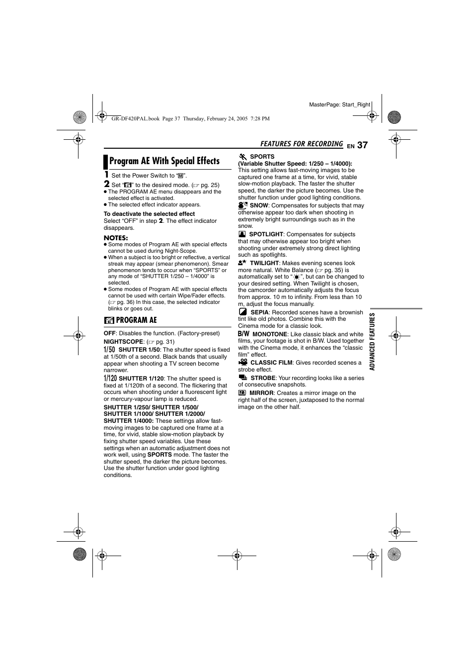 Program ae with special effects, Program ae, Motion | Pg. 37), Program ae with special, Effects, Pg. 37) i | Samsung GR-DF420 User Manual | Page 37 / 52