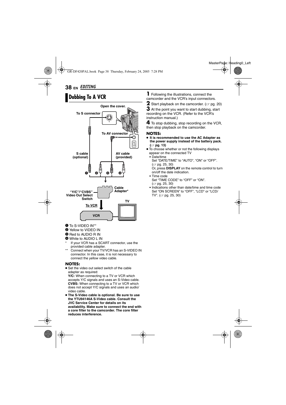 Editing, Dubbing to a vcr, Pg. 38, 3 | Samsung GR-DF420 User Manual | Page 38 / 52