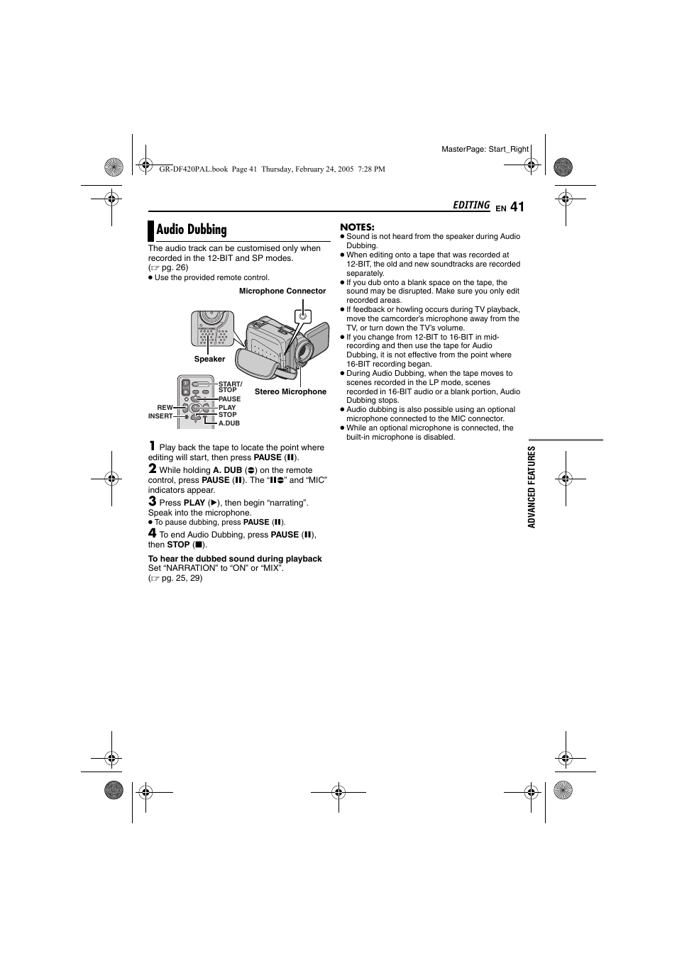 Audio dubbing, Pg. 41) | Samsung GR-DF420 User Manual | Page 41 / 52