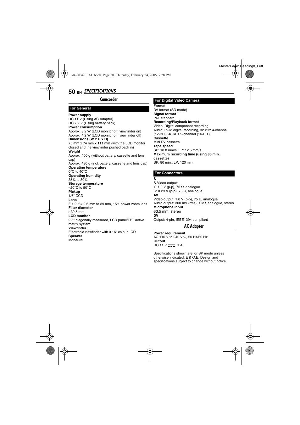 Specifications, Camcorder, Ac adapter | Samsung GR-DF420 User Manual | Page 50 / 52