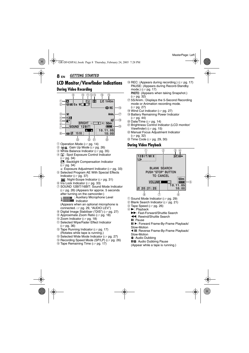 Lcd monitor/viewfinder indications, During video recording, During video playback | Samsung GR-DF420 User Manual | Page 8 / 52